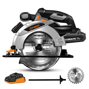 WORKSITE Cordless Circular Saw, 20V MAX 6-1/2 Inch Circular Saw with Electric Brake, 2.0A Battery & Fast Charger, 4000RPM Speed, 2Pcs Blades for Woodworking