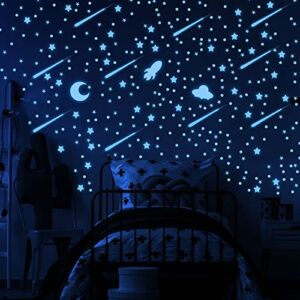 Glow in The Dark Stars for Ceiling, Outer Space Blue Wall Stickers ,Galaxy Universe Wall Decal Shooting Stars Rockets ,508 Pcs for Kids Boys Girls Bedroom Nursery Playroom Room Decoration