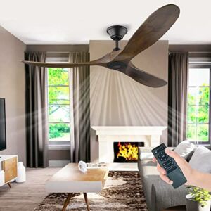 NWIASS 60 Inch Modern Dark Walnut Ceiling Fan No Light, Large Solid Wood 3-Blade Ceiling Fans with Remote, Quiet DC Power Propeller Ceiling Fan without Light for Outdoor Patios Farmhouse
