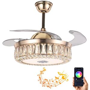 42″ Crystal Chandelier Ceiling Fan with Light Retractable Blades Fan with Chandelier Ceiling Fan with Bluetooth Speaker 7 Color Dimmable 3 Speeds Remote Control Fan for Bedroom Living Room