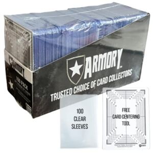 ARMORY 100 Pack Premium Top Loader Trading Card Holders Protectors | Free Card Centering Tool and 100 Clear Sleeves | Bulk Ultra Clear Pro View, Baseball, Trading, Sports, MTG, Pokemon Card Toploader