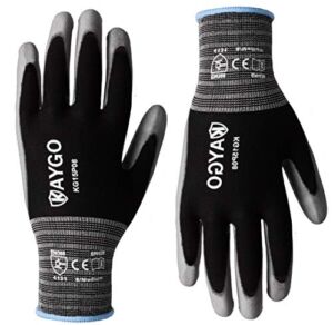 Work Gloves PU Coated-12 Pairs,KAYGO KG15P,Nylon Lite Polyurethane Safety Work Gloves, Gray Polyurethane Coated, Knit Wrist Cuff,Ideal for Light Duty Work (Medium, Black)
