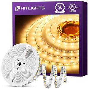 HitLights Warm White LED Strip Lights 3000K, 16.4ft High Density Tape Light for Bedroom, 600 LEDs/Reel, 300LM/Feet, UL-Listed, 12V Flexible Dimmable Rope Lights for Room, Home, Under Cabinet Lighting