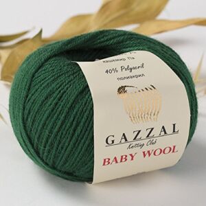 5 Pack – Total 8.8 Oz Gazzal Baby Wool 1.76 Oz (50g) / 191 Yards (175m) Fine Baby Yarn, 40% Lana Merino, 20% Cashmere Type Polyamide, Green – 814