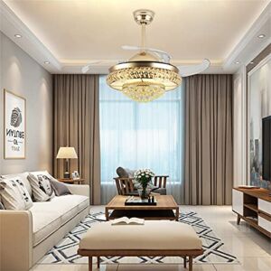 36 Inch Retractable Crystal Ceiling Fan Lights with Remote Control Chandelier Three-Color LED Chandelier Adjustable Wind Speed Ceiling Fan for Bedroom Living Room