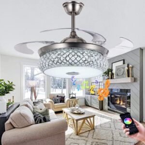 FANEPRO 42″ Smart Ceiling Fan with Lights Bluetooth Music Speaker, Retractable Blades Silver Fandelier with Remote Modern Crystal 7 Color Dimmable LED Chandelier,3 Speeds Invisible Fan Fixtures