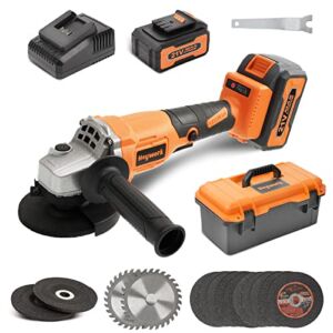 Heywork Cordless Angle Grinder，4″ Power Angle Grinders，with 10000 RPM and Brushless Motor，with 21V 4Ah Battery & Fast Charger.