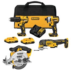 DeWalt DCK379D2 20V MAX Brushless Cordless Combo Kit 4 Tool: DCD777 1/2 in. Drill/Driver+ DCF787 1/4 in. Impact Driver+ DCS356 3-speed Oscillating Multi-Tool+ DCS391 6-1/2″ Circular Saw+DCB107 Charger