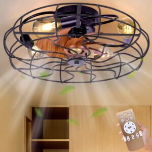 Caged Ceiling Fan with Lights Remote Control, 21” Bladeless Ceiling Fan, Include 5 Bulbs, Low Profile Flush Mount Ceiling Fan, Small Farmhouse Ceiling Fans with Lights