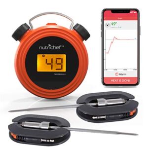 Smart Bluetooth BBQ Grill Thermometer – Digital Display, Stainless Dual Probes Safe to Leave in Outdoor Barbecue Meat Smoker – Wireless Remote Alert iOS Android Phone WiFi App – NutriChef PWIRBBQ60