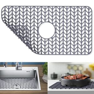 Silicone Sink Protectors for Kitchen Sink, GUUKIN 26”x 14” Sink Mat Grid for Bottom of Farmhouse Stainless Steel Porcelain Sink with Center Drain (Grey)