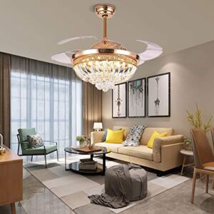 DYRABREST 42 inch Modern Crystal Ceiling Fan Light Invisible Retractable Fan Blades Lamp Chandelier LED with Remote Control Gold 3 Speeds 3 Colors for Living Room