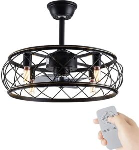 Cage Ceiling Fan with Light, 18″ Industrial Invisible Ceiling Fan, Enclosed Bladeless Ceiling Fan, 3 Speed Silent Ceiling Fan Light with Remote Control (Bulb Not Included)