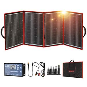 DOKIO 220w 18v Portable Foldable Solar Panel Kit (29x21inch, 11.7lb) Solar Charger with Controller 2 USB Output to Charge 12v Batteries/Power Station (AGM, Lifepo4) Rv Camping Trailer Emergency Power