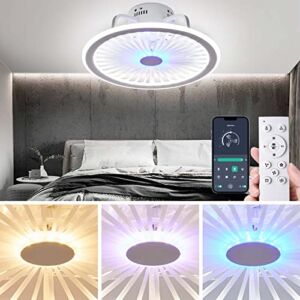EINRZi 19”Ceiling Fan with Lights Remote Control,Modern LED 3-color Dimming Low Profile Flush Mount Ceiling Fans With APP,Smart 3-Wind Speeds Invisible Ceiling Fan for Bedroom,Timing