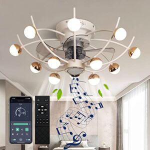 24” Modern Intelligent Music Ceiling Fan With Light, Closed Music Ceiling Fan With Light With Bluetooth, 3 Color Light, 6 Air Speed, With Timer Off Function, For Liiving Room, Bedroom (White-Large)