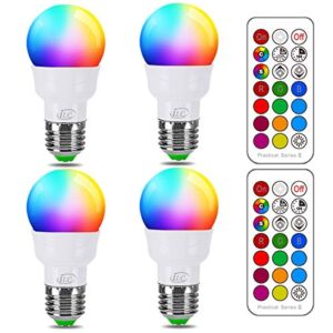 ILC RGB LED Light Bulb, Color Changing Light Bulb, 40W Equivalent, 450LM, 2700K Warm White 5W E26 Screw Base RGBW, Flood Light Bulb- 12 Color Choices – Timing Infrared Remote Control (4 Pack)
