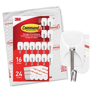 Command Small Wire Toggle Hooks, Damage Free Hanging Wall Hooks with Adhesive Strips, No Tools Wall Hooks for Hanging Organizational Christmas Decorations, 16 White Hooks and 24 Command Strips