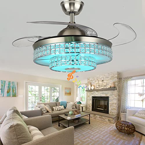 42 Inch Crystal Ceiling Fan with Light and Bluetooth Speaker, 7 Color Change Music Player 6 Speed Reversible Chandelier Remote,Fans Lighting Fandelier for Bedroom Living Room | The Storepaperoomates Retail Market - Fast Affordable Shopping
