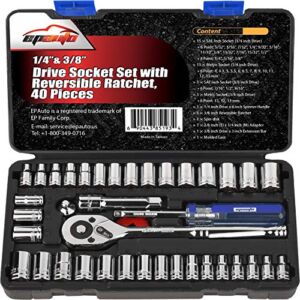40 Pieces – EPAuto 1/4-Inch & 3/8-Inch Drive Socket Set with 72 Tooth Reversible Ratchet