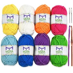 8 Acrylic Yarn Skeins | Total of 525 Yards Craft Yarn | Includes 2 Crochet Hooks, 2 Weaving Needles, 7 E-Books | DK Yarn for Knitting and Crochet | Perfect Beginner Kit | by Mira Handcrafts