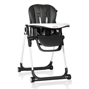 Kinder King 3 in 1 High Chair for Babies & Toddlers, Simple Fold Highchair w/4 Lockable Wheels, No Assembly Required, Adjustable Height, Recline & Footrest, Removable Double Trays, PU Cushion, Black