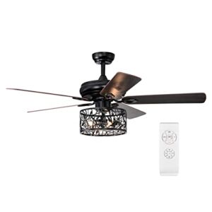 52″Farmhouse Rustic Indoor Ceiling Fans with Lights Industrial Black Metal Caged Ceiling Fan with Remote Control Vintage Caged Chandelier Ceiling Fan for Bedroom Living Room
