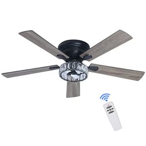 Ceiling Fan with Light and Remote Control 52 Inch Farmhouse Ceiling Fan Light Flush Mount Crystal Fandelier for Low Ceilings Indoor Living Room Bedroom Dining Room, Matte Black