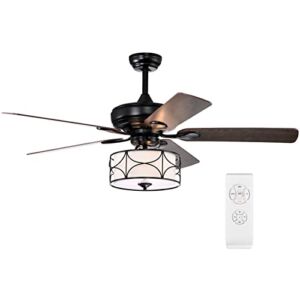 52″Farmhouse Indoor Ceiling Fans with Lights Vintage Industrial Ceiling Fan with Remote Control E26 Base Drum Shape Chandelier Ceiling Fan with Reverse Motor for Bedroom Living Room Kitchen