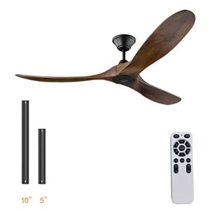 YZEENM Outdoor Ceiling Fans, 52 Inch Modern Dark Walnut Ceiling Fan with Remote Control, Smart Ceiling Fan No Light With 3 Wood Blades for Patios Farmhouse Bedroom,6-speed,Quiet DC Motor,Timer