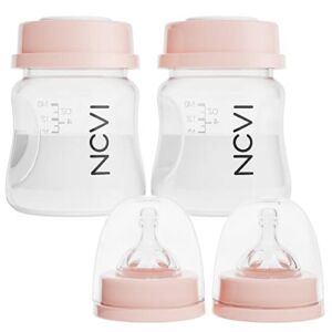 NCVI Breast Milk Storage Bottles, Baby Bottles with Nipples and Travel Caps, Anti-Colic, BPA Free, 4.7oz/140ml, 2 Count