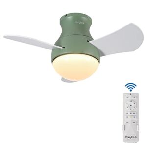Indoor Ceiling Fan with LED Lights Flush Mount Low Profile Ceiling Fan with Remote Control 3 Plywood Fan Blades Small Ceiling Fan with Green Reversible DC Motor for Bedroom Living Room