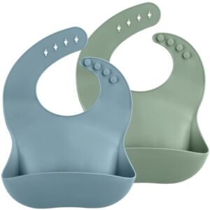 Mintlyfe Silicone Bibs for Babies, 2 Sets Baby Feeding Bibs Waterproof Soft Durable Adjustable Bibs, BPA Free (Ether/Sage)