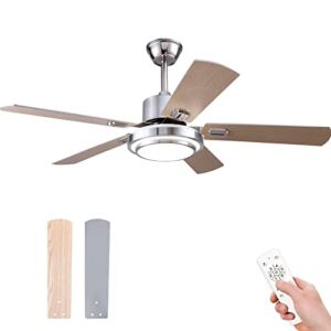 Boomjoy 52”wood ceiling fans with lights and remote control indoor outdoor modern silver ceiling fan with LED bright light for living room bedroom farmhouse patios garage gazebo DC motor dual 5 blades