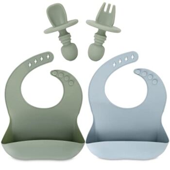AULEGE Silicone Baby Bibs Set of 2, Spoon Fork, BPA Free Soft Durable Adjustable Waterproof Silicone Feeding Bibs for Babies and Toddlers 6+month (Sage/Ether) | The Storepaperoomates Retail Market - Fast Affordable Shopping