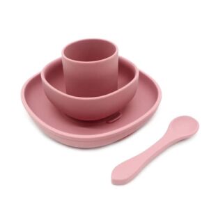 SmoreBaby 4pcs Baby Silicone Toddler Plates Set Kids Bowl Plates Baby Feeding Cups Feeding Dishes Set Silicone Spoon with Suction Utensils Toddlers Baby-Led Boys Girls Eating Supplies（Dark pink）