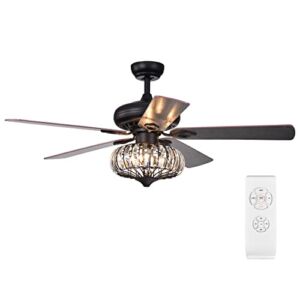 52 Inch Tiffany Crystal Ceiling Fan with Lights Chandelier Ceiling Fan with Remote Control 3-Speed Black ceiling fan with 5 Wooden Reversible Blades for Bedroom Living Room