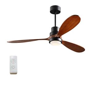 AMBAYZ 132Cm/52″ Solid Wood Blade Ceiling Fan with Light & Remote, Silent Motor 3-Speed 3 Color Temperature Dimmable for Bedroom, Dining Room, Study