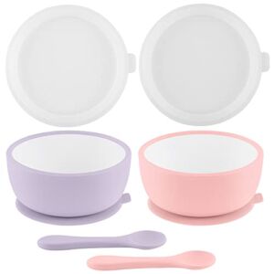 Silicone Suction Baby Bowls – Leakproof Silicone Lids – 100% Food Grade Silicone Toddler Bowls – Dishwasher Safe Self-feeding Set (Pink & Purple)