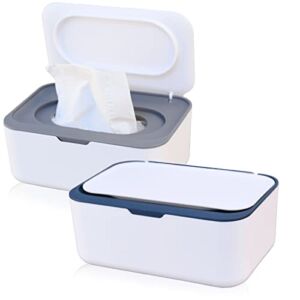 2 Pack Baby Wipes Dispenser Wipe Holder with Lids Refillable Wipe Container Case for Bathroom Travel Wipe Holder Keeps Wipes Fresh (Grey and Blue)