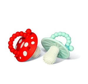 RaZbaby Soft Silicone Infant & Baby 3M+ Teether Toy Massaging Bristles Teething Relief Pacifier – Soothes Sore Gums – Hands-Free & Easy-to-Hold Chompy Teether, BPA Free (RED/Blue)