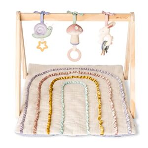 Itzy Ritzy Activity Gym – Premium Wooden Baby Gym Includes Quilted Play Mat and 3 Removable Toys; Pastel Rainbow