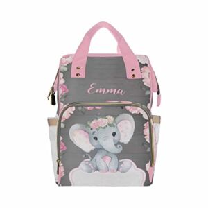 InterestPrint Custom Name Diaper Bag Backpack Personalized Pink Rose And Elephant Mommy Nursing Bags Baby Girl Boy Diaper Bags Nappy Travel Daypack for Mom Gifts