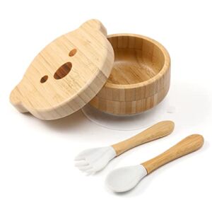 Baby Bowls with Lid – HBM Bamboo Suction Bowls for Baby and Spoon Set – 3PC Feeding Supplies Set for Infant, Toddlers – Detachable Silicone Suction Stay Put Base for Wooden Bowl – BPA Free （Marble）