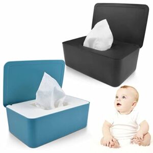 2 Pieces Baby Wipes Dispenser Wipe Container, Baby Wipe Holder for Keep Wipes Moist Fresh Dustproof, Refillable Wet Tissue Storage Box Case for Bathroom Baby Office Nursery (Black, Blue)
