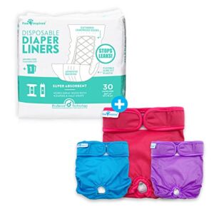 Paw Inspired Reusable, Washable Female Dog Diapers (X-Small, 3 Count) with Disposable Diaper Liner Inserts (30 Count)