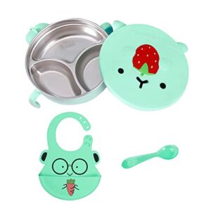 Stainless Steel Baby Suction Bowls for Baby Led Weaning Supplies, Toddlers Kids Self Feeding Dish Set ,BPA free,Devided Baby Bowls With Suction With Bibs(Green)