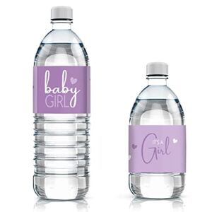 Purple It’s a Girl Baby Shower Water Bottle Labels – Sweet Baby Girl Themed Waterproof Wrappers – 24 Count