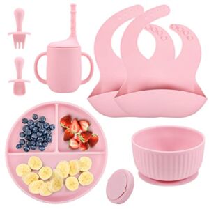 Baby Feeding Set,Baby Led Weaning Supplies- Silicone Suction Cup, Divider, Straw Cup – Toddler Self Feeding Cutlery Set with Bib, Spoon, Fork,Baby Food Feeder