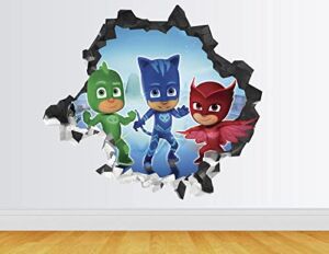 PJ Masks Wall Stickers Children’s Cartton 3D Broken Wall Decals DIY Removable Bedroom Living Room Background PVC Sticker Birthday Party Supplies Home Decoration
